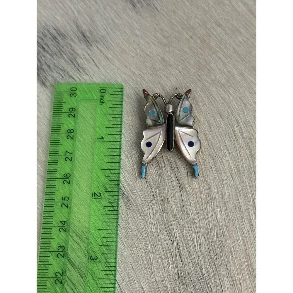 Zuni Sterling Silver VE inlay Butterfly Pendant Pin Turquoise Coral Shell Onyx